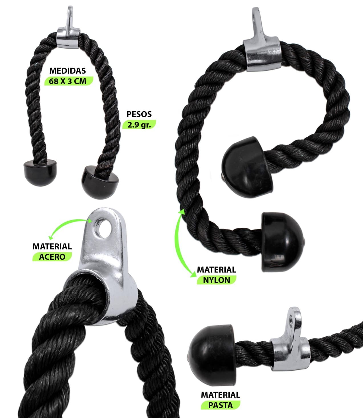 lazo para tríceps – adaptación para poleas – nylon con topes en caucho inyectado lazo para tríceps – adaptación para poleas – nylon con topes en caucho inyectado